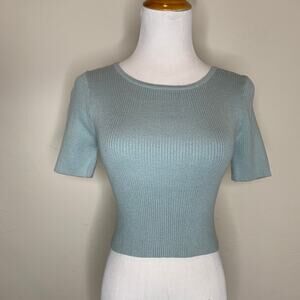 Pale Sage Green Cropped Ribbed Short Sleeve Sweater Sz Small